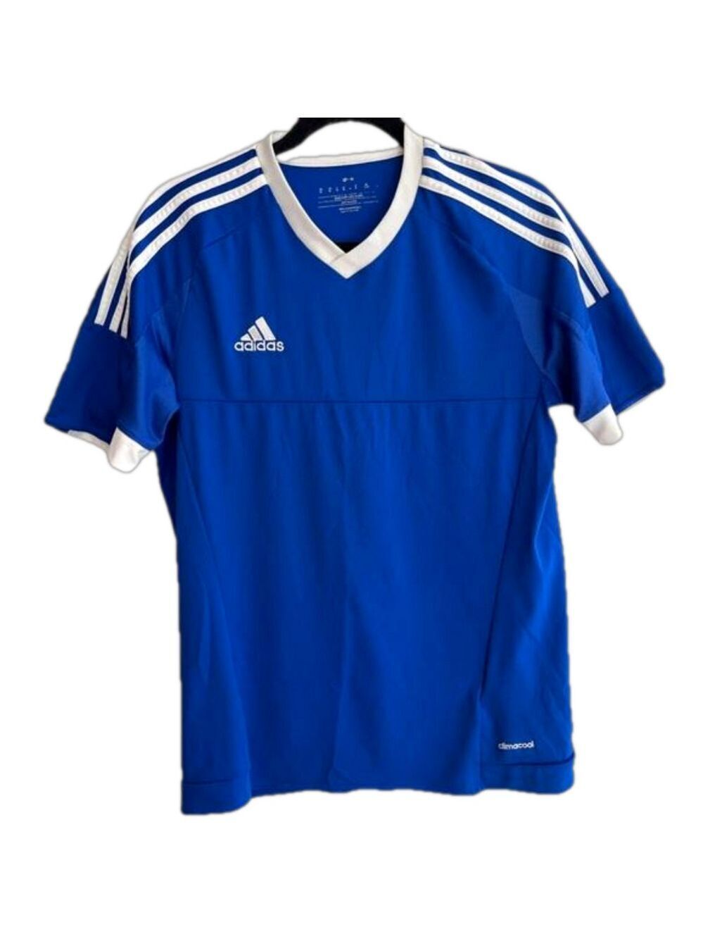 ADIDAS Climacool Athletic Shirt V Neck Three Stripe White Royal Blue Gym Casual